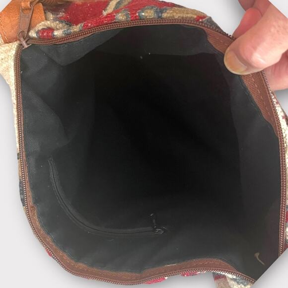 Southwestern Kelim Saddle Blanket Woven Tote Bag Purse Tooled Leather Trim - Picture 6 of 11